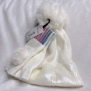 BP. Nordstrom Girls White Rainbow Unicorn Beanie Fingerless Gloves set Pom Pom